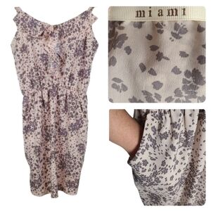 Miami Mini Dress Ruffle Sleeveless Cream Multi Vintage Dress w/ Pockets